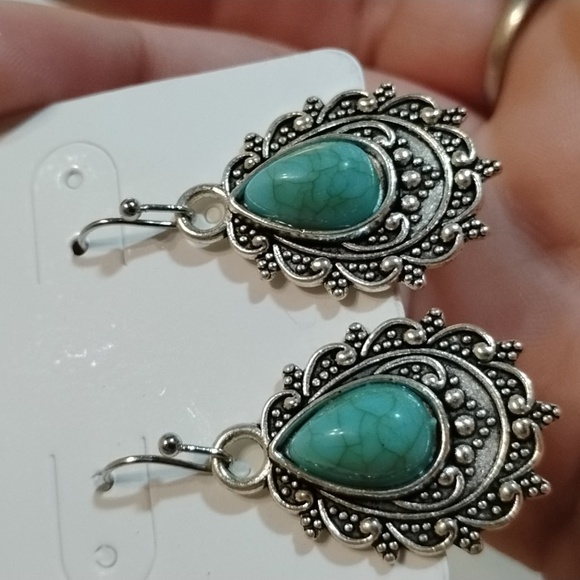 Ornate Silver Turquoise Teardrop Earrings - Picture 3 of 3